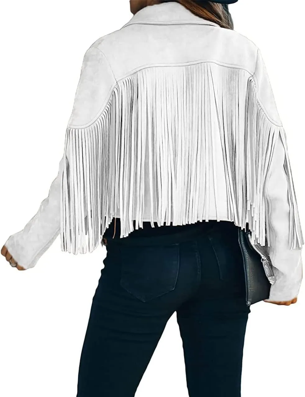 ebossy Women's Suede Fringe Jacket Long Sleeve Slim Faux Leather Boyfriend Cropped Top with Tassles