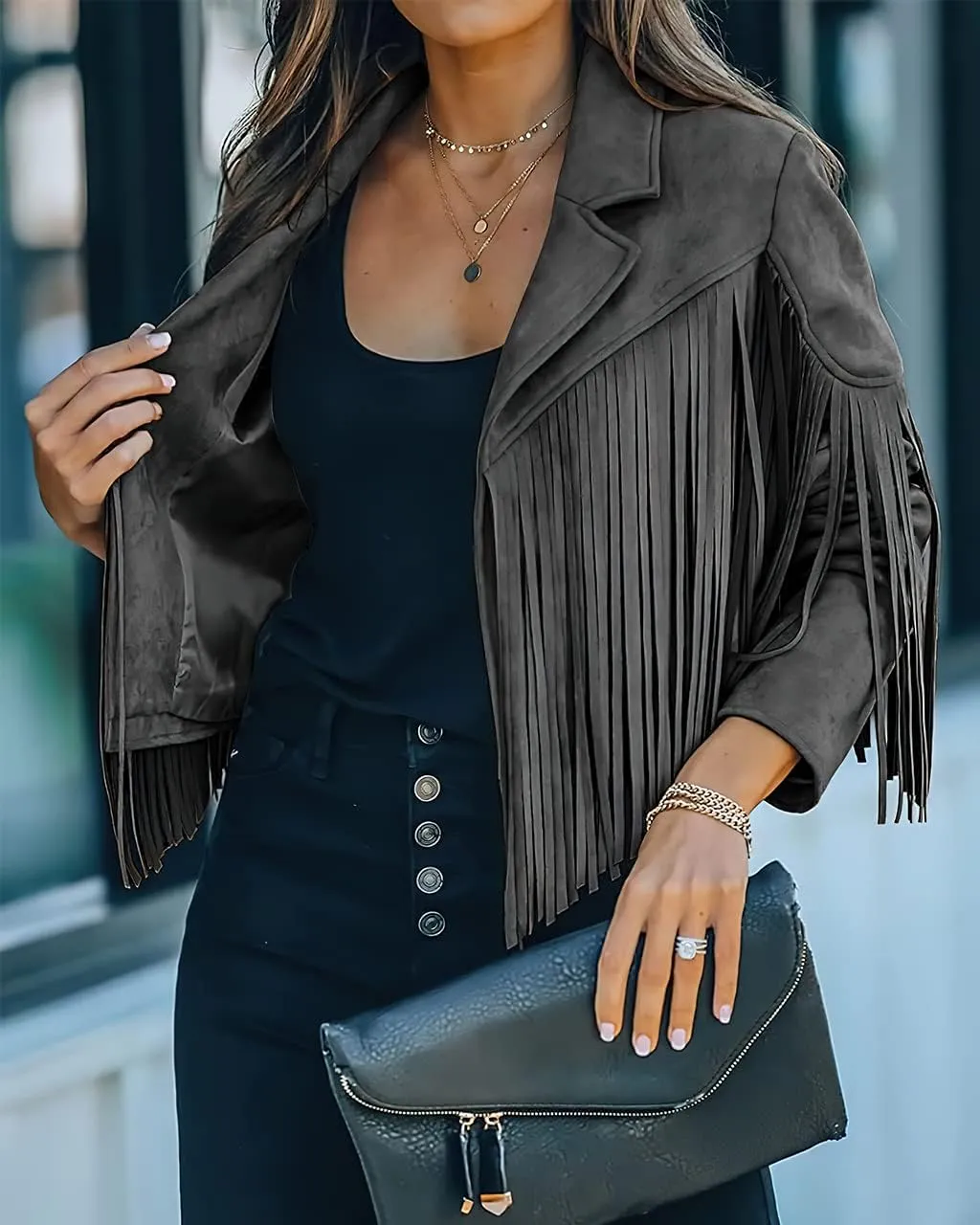 ebossy Women's Suede Fringe Jacket Long Sleeve Slim Faux Leather Boyfriend Cropped Top with Tassles