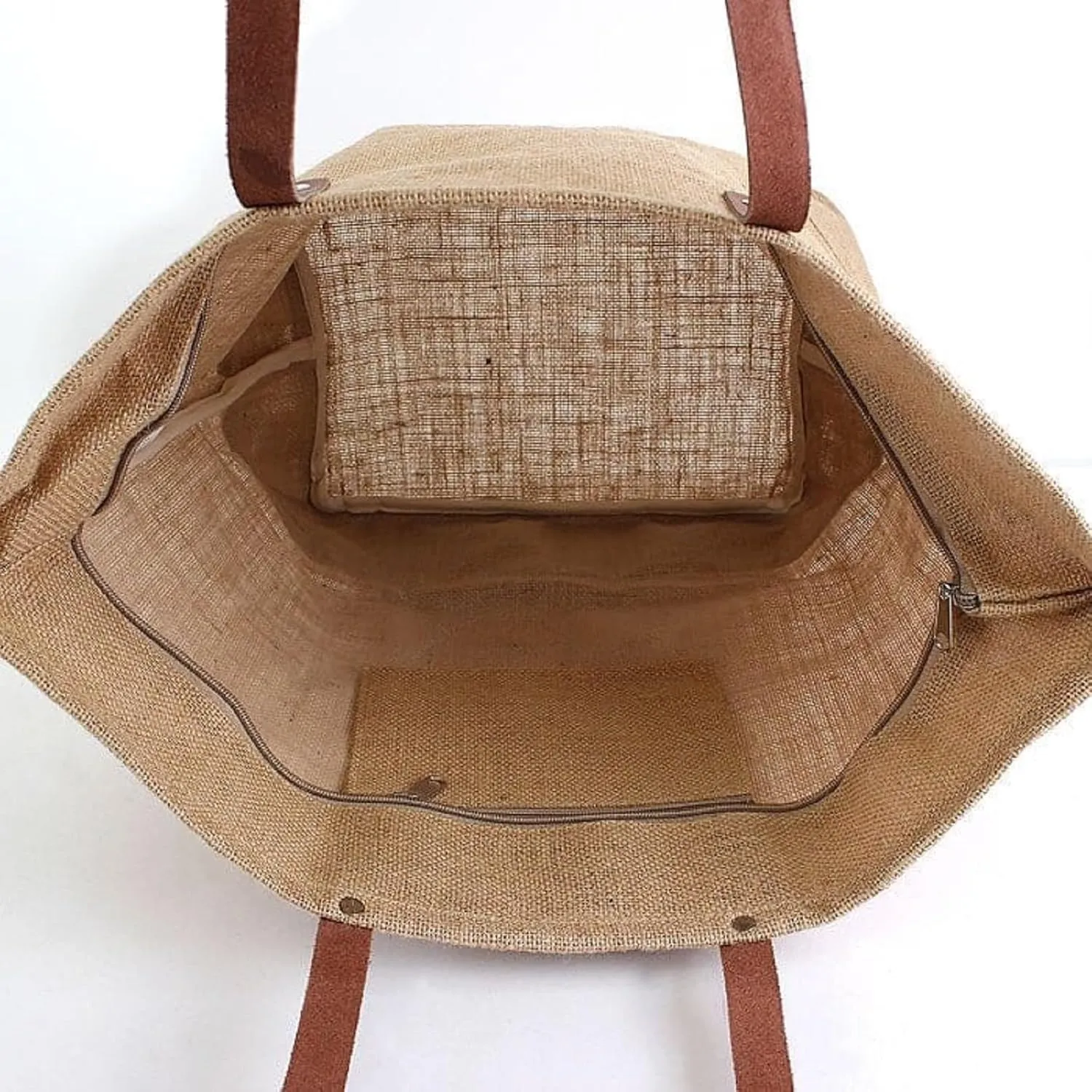 Eco Friendly Sustainable Jute Zip Tote Bag With Leather Handles, Jute Burlap Tote Bag For Beach, Picnic, Casual Fashion