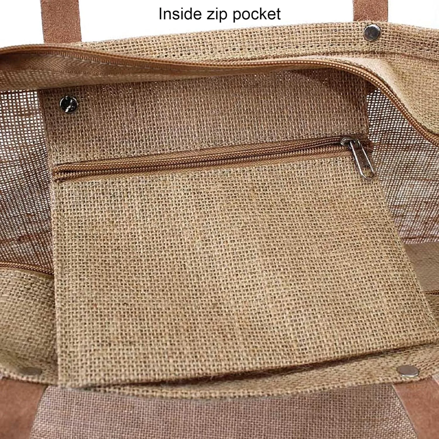 Eco Friendly Sustainable Jute Zip Tote Bag With Leather Handles, Jute Burlap Tote Bag For Beach, Picnic, Casual Fashion