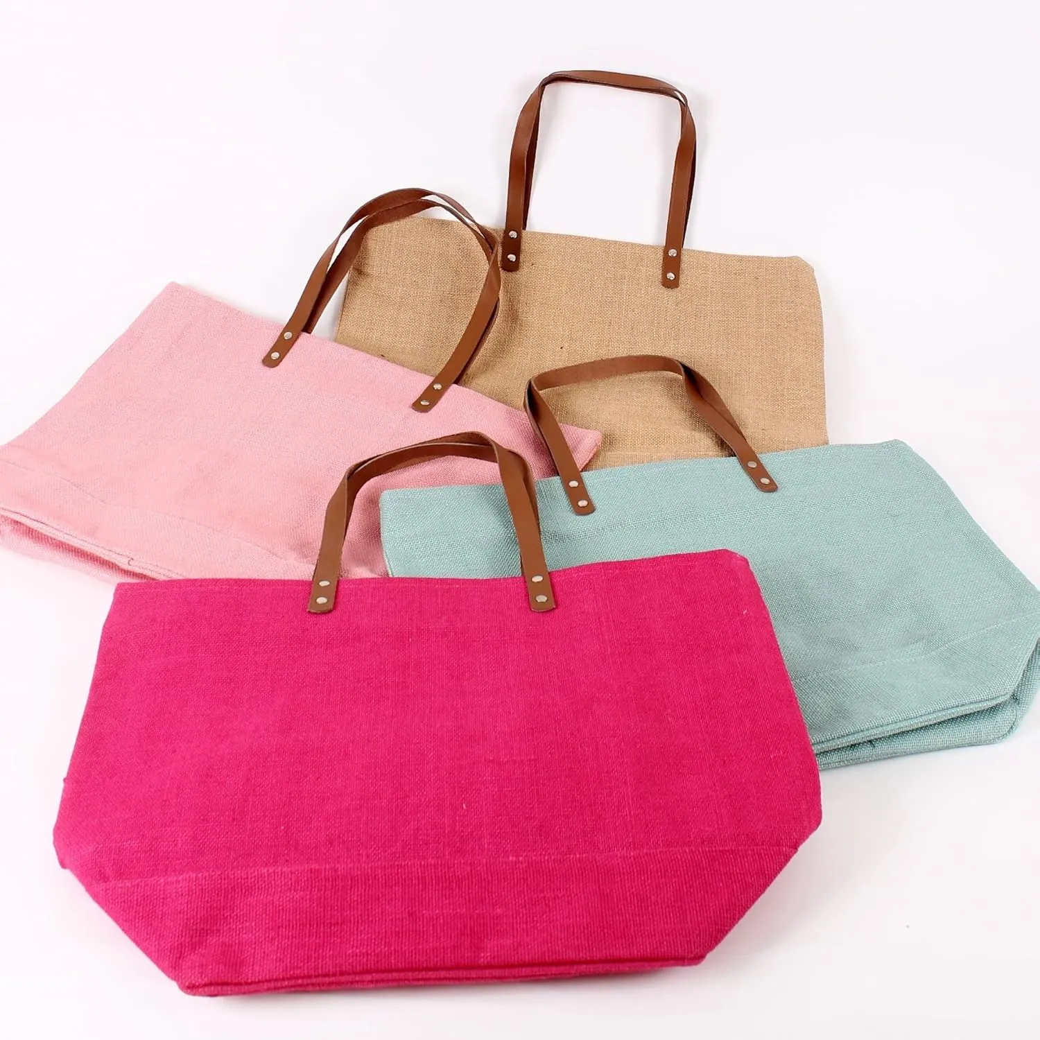 Eco Friendly Sustainable Jute Zip Tote Bag With Leather Handles, Jute Burlap Tote Bag For Beach, Picnic, Casual Fashion