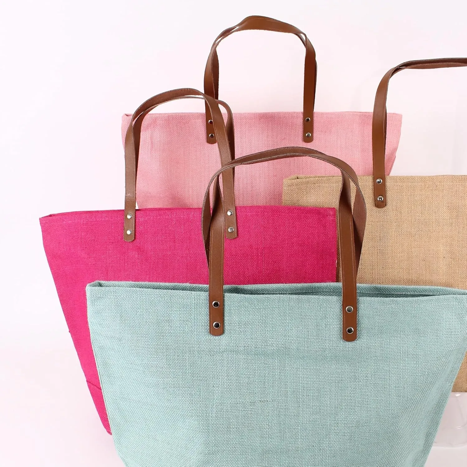 Eco Friendly Sustainable Jute Zip Tote Bag With Leather Handles, Jute Burlap Tote Bag For Beach, Picnic, Casual Fashion