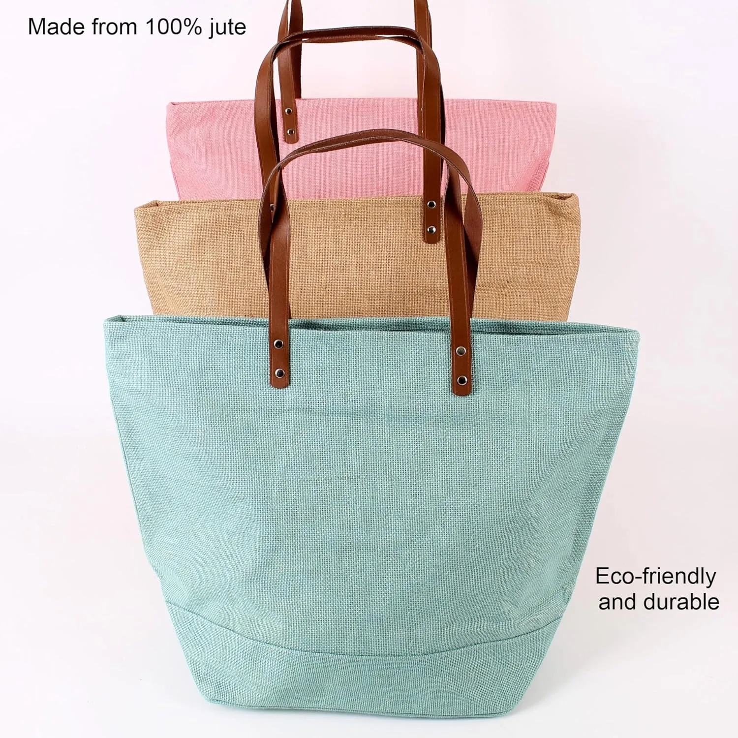 Eco Friendly Sustainable Jute Zip Tote Bag With Leather Handles, Jute Burlap Tote Bag For Beach, Picnic, Casual Fashion