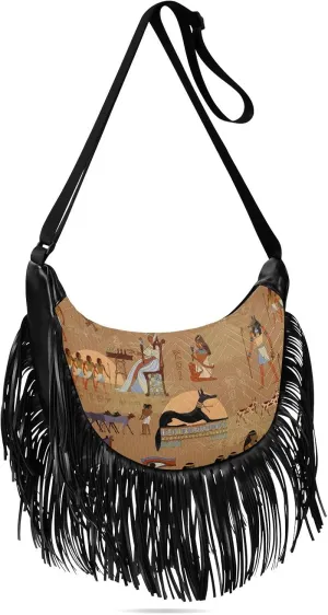 Egypt Ancient Murals Fringe Bag for Women Cross Body Bag Tassel Shoulder Bag Satchel