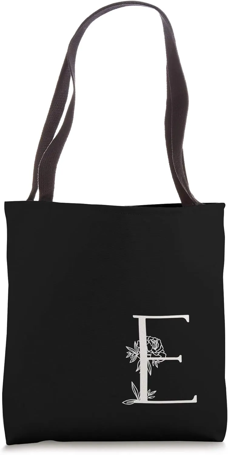 Elegant Black & White Botanical Floral Monogram Initial E Tote Bag