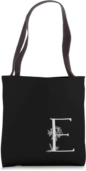 Elegant Black & White Botanical Floral Monogram Initial E Tote Bag