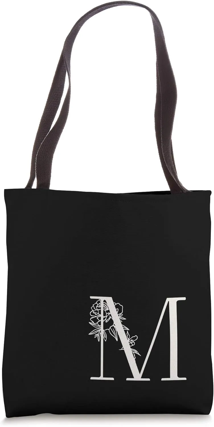 Elegant Black & White Botanical Floral Monogram Initial M Tote Bag