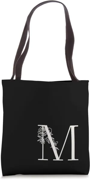 Elegant Black & White Botanical Floral Monogram Initial M Tote Bag