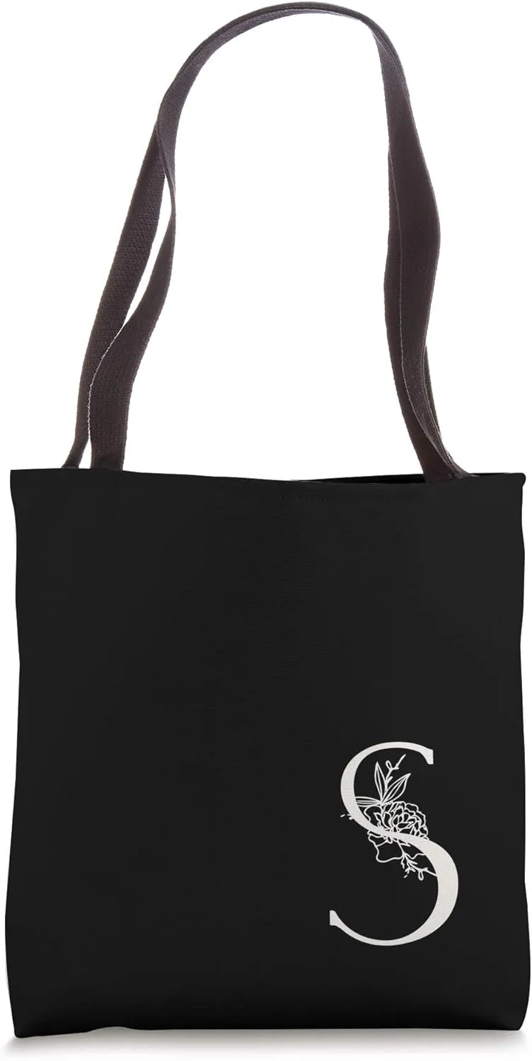 Elegant Black & White Botanical Floral Monogram Letter S Tote Bag