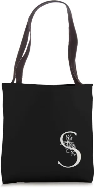 Elegant Black & White Botanical Floral Monogram Letter S Tote Bag