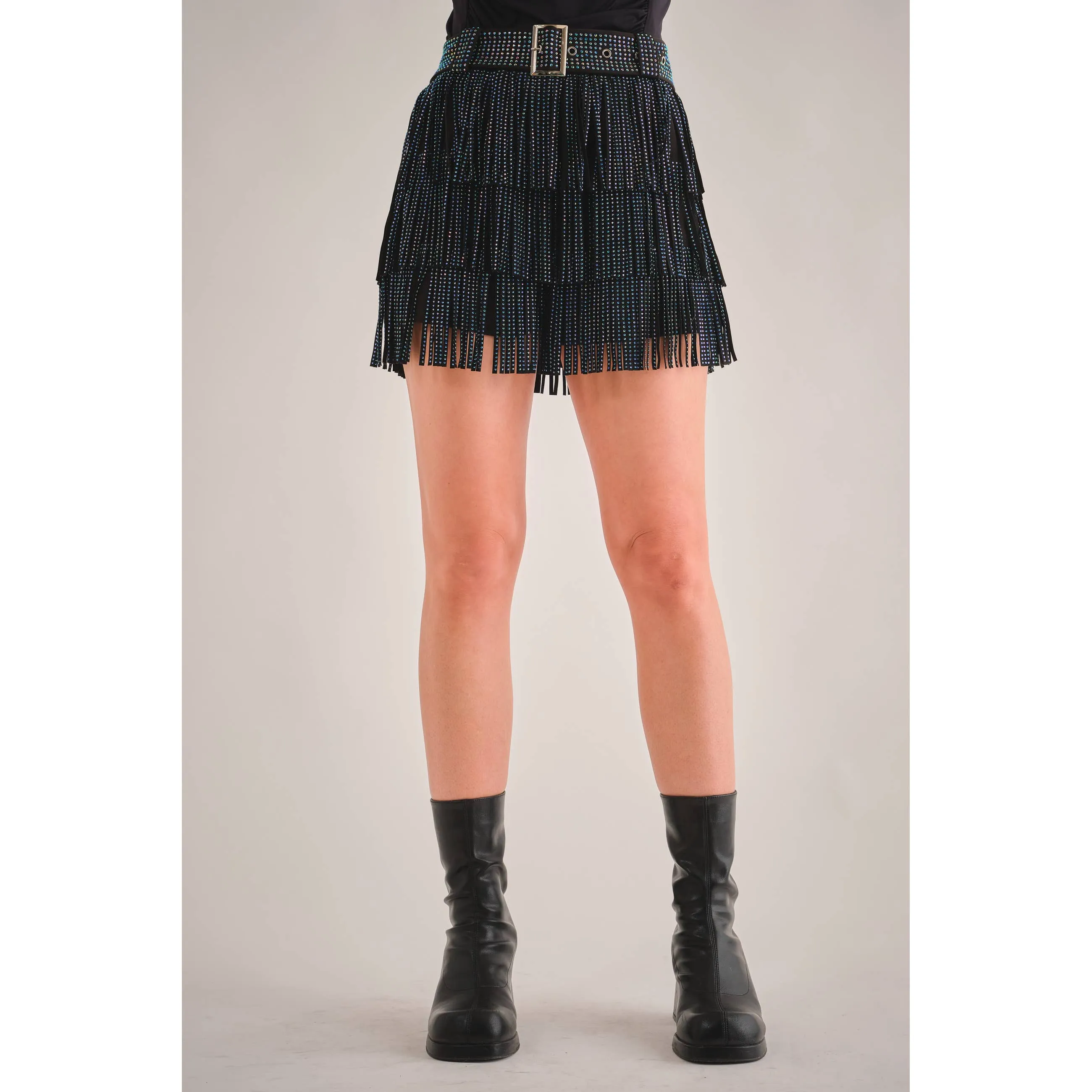 Embellished Faux Suede Western Fringe Skort Skirt Black