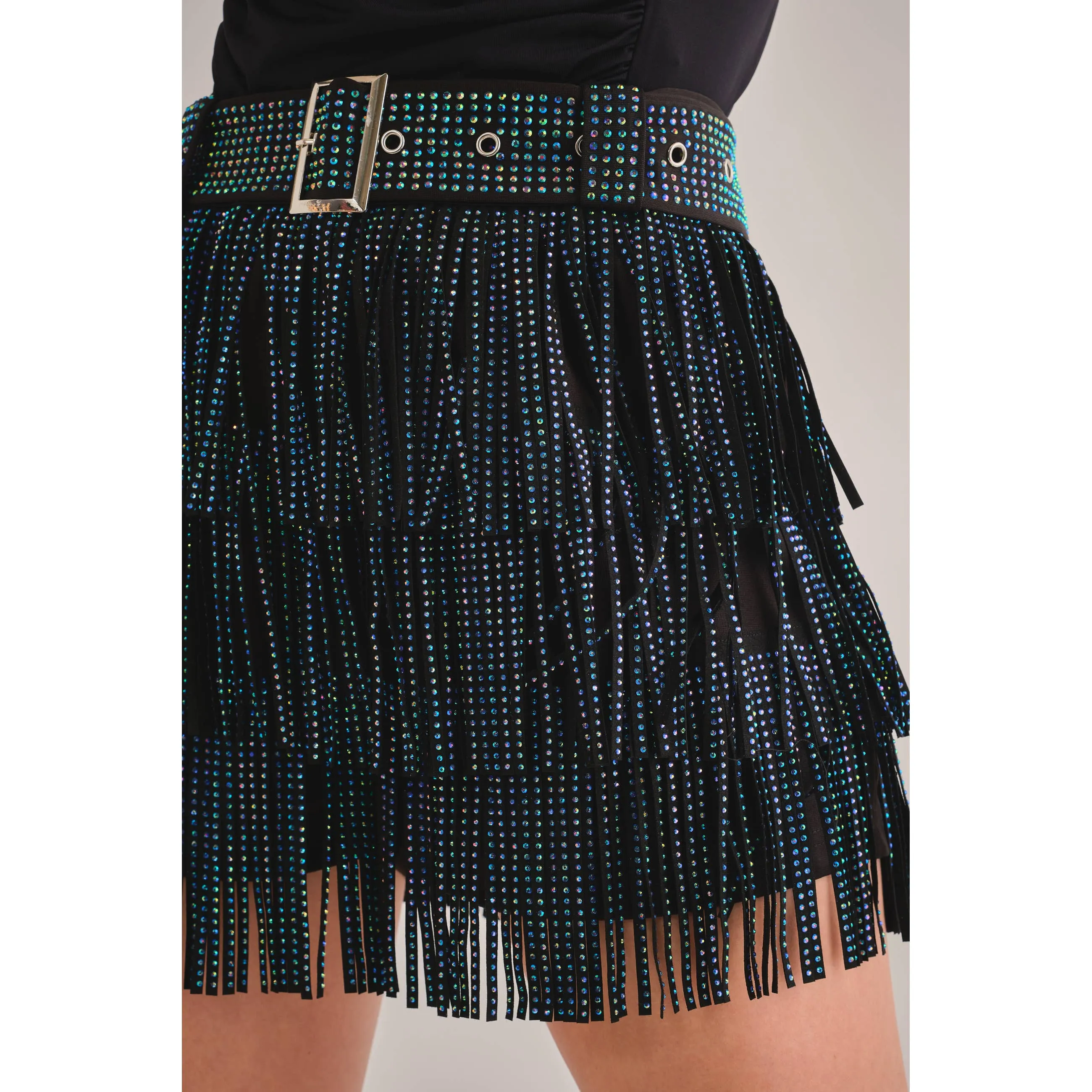 Embellished Faux Suede Western Fringe Skort Skirt Black