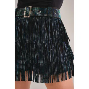 Embellished Faux Suede Western Fringe Skort Skirt Black