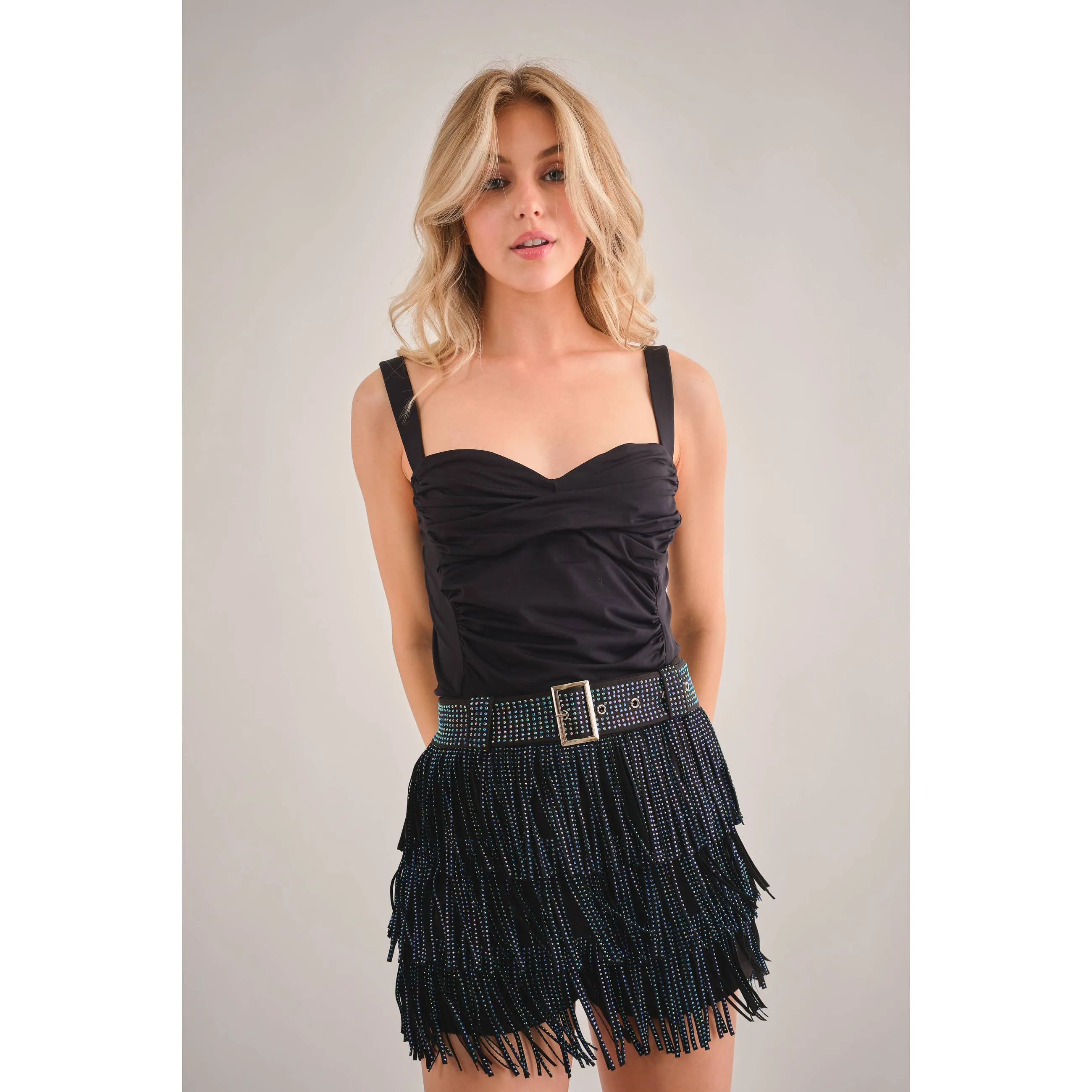 Embellished Faux Suede Western Fringe Skort Skirt Black