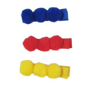 Embellished Non Slip Hair Clip - Pom Poms - Set of Three (Red, Blue, Yellow)