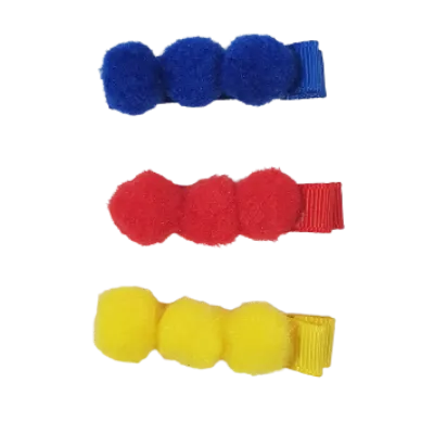Embellished Non Slip Hair Clip - Pom Poms - Set of Three (Red, Blue, Yellow)