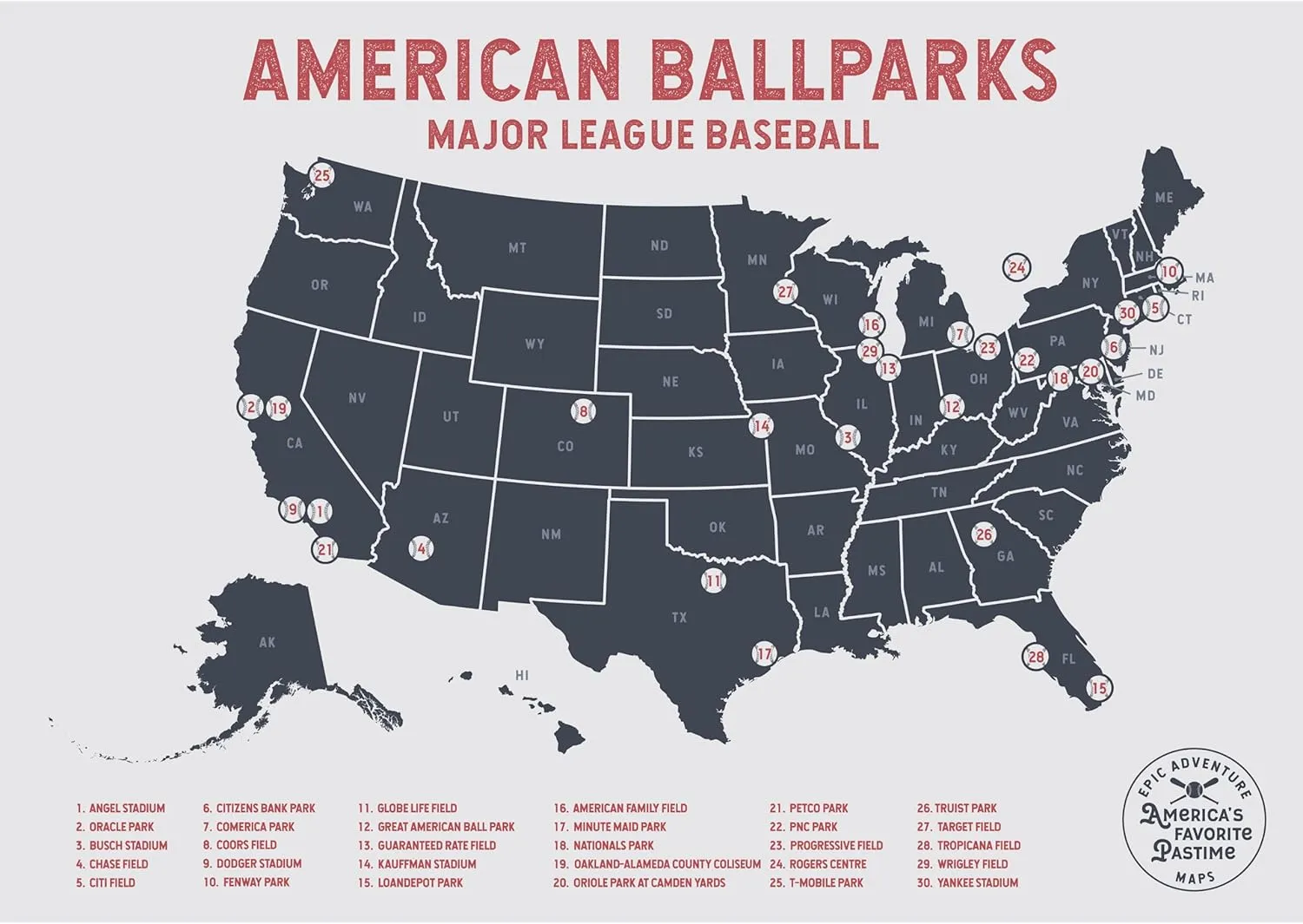 Epic Adventure Maps Major League Baseball Poster   Pushpins - Mark your travels to your favorite MLB baseball stadiums - Pushpin Poster Sports Decor - Great Gift for Dad or Graduation Gift