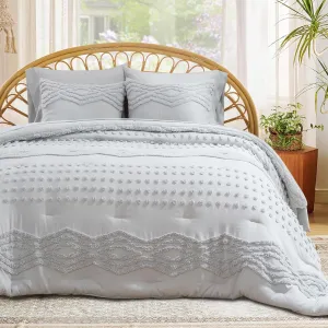 EVERGRACE Queen Size Comforter Set 7 Pieces Bed in a Bag for College Dorm, Light Gray Tufted Shabby Chic Boho Comforter and Sheet Set with Pom Pom Textured, Soft Fluffy Farmhouse Complete Bedding Set