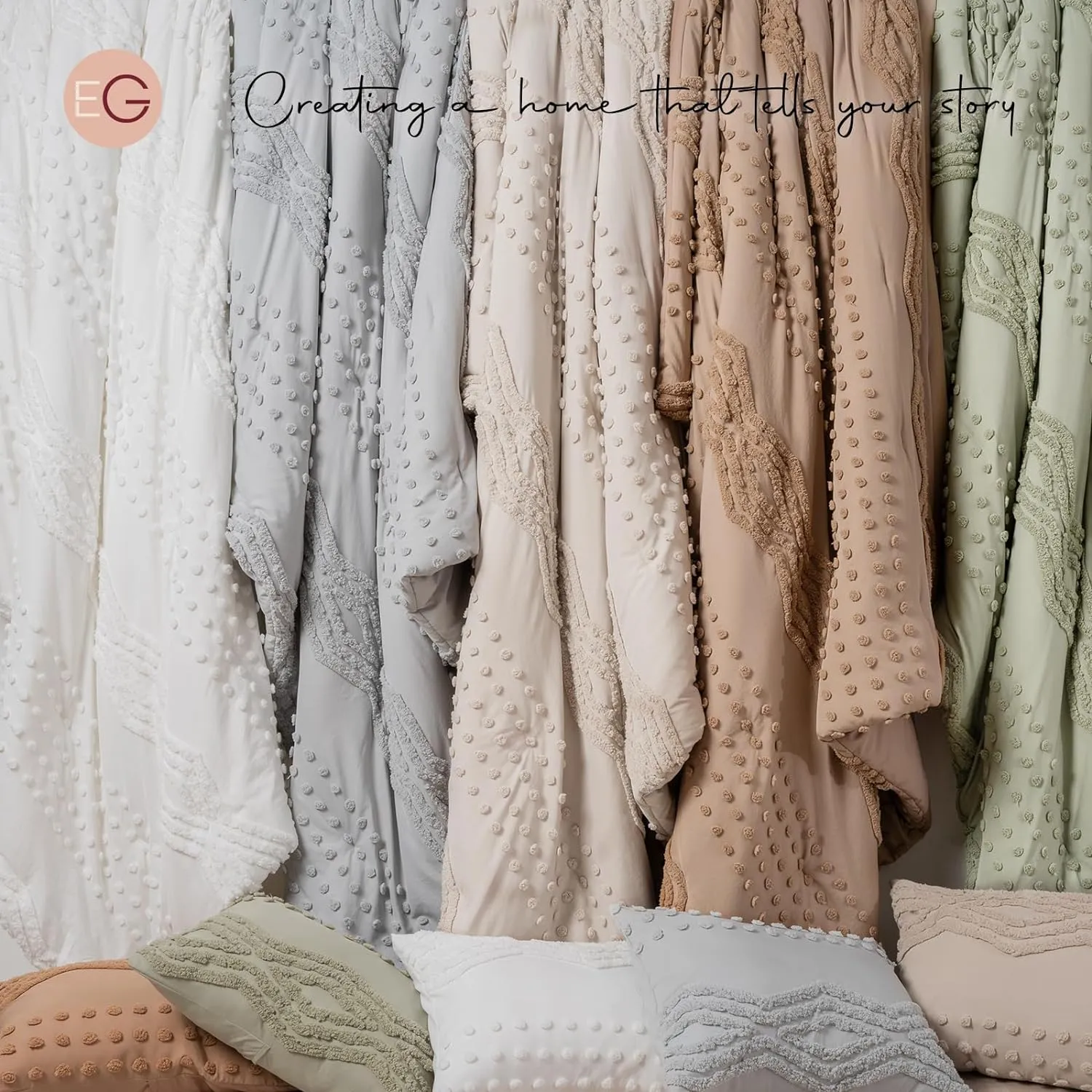 EVERGRACE Queen Size Comforter Set 7 Pieces Bed in a Bag for College Dorm, Light Gray Tufted Shabby Chic Boho Comforter and Sheet Set with Pom Pom Textured, Soft Fluffy Farmhouse Complete Bedding Set