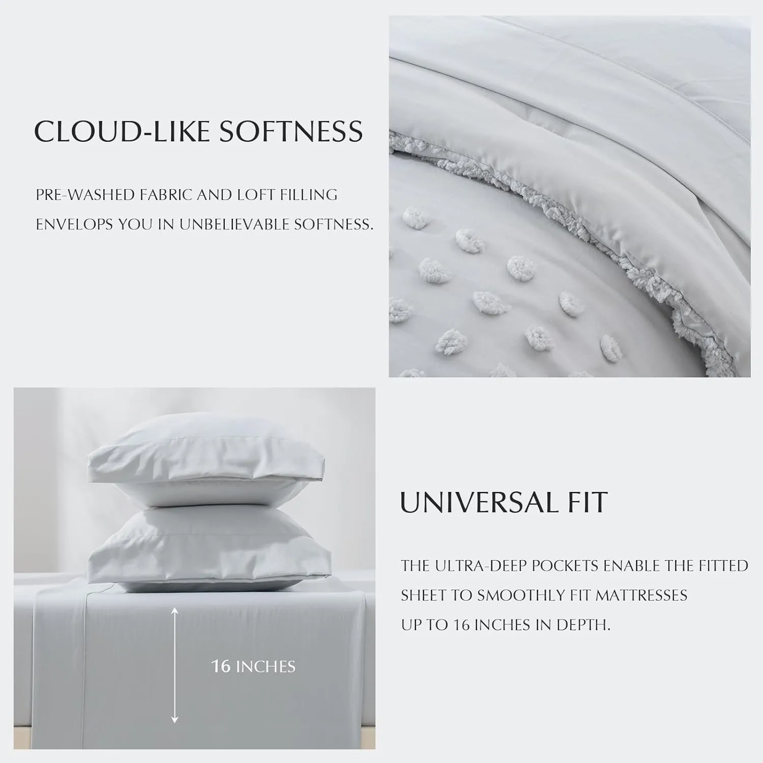 EVERGRACE Queen Size Comforter Set 7 Pieces Bed in a Bag for College Dorm, Light Gray Tufted Shabby Chic Boho Comforter and Sheet Set with Pom Pom Textured, Soft Fluffy Farmhouse Complete Bedding Set