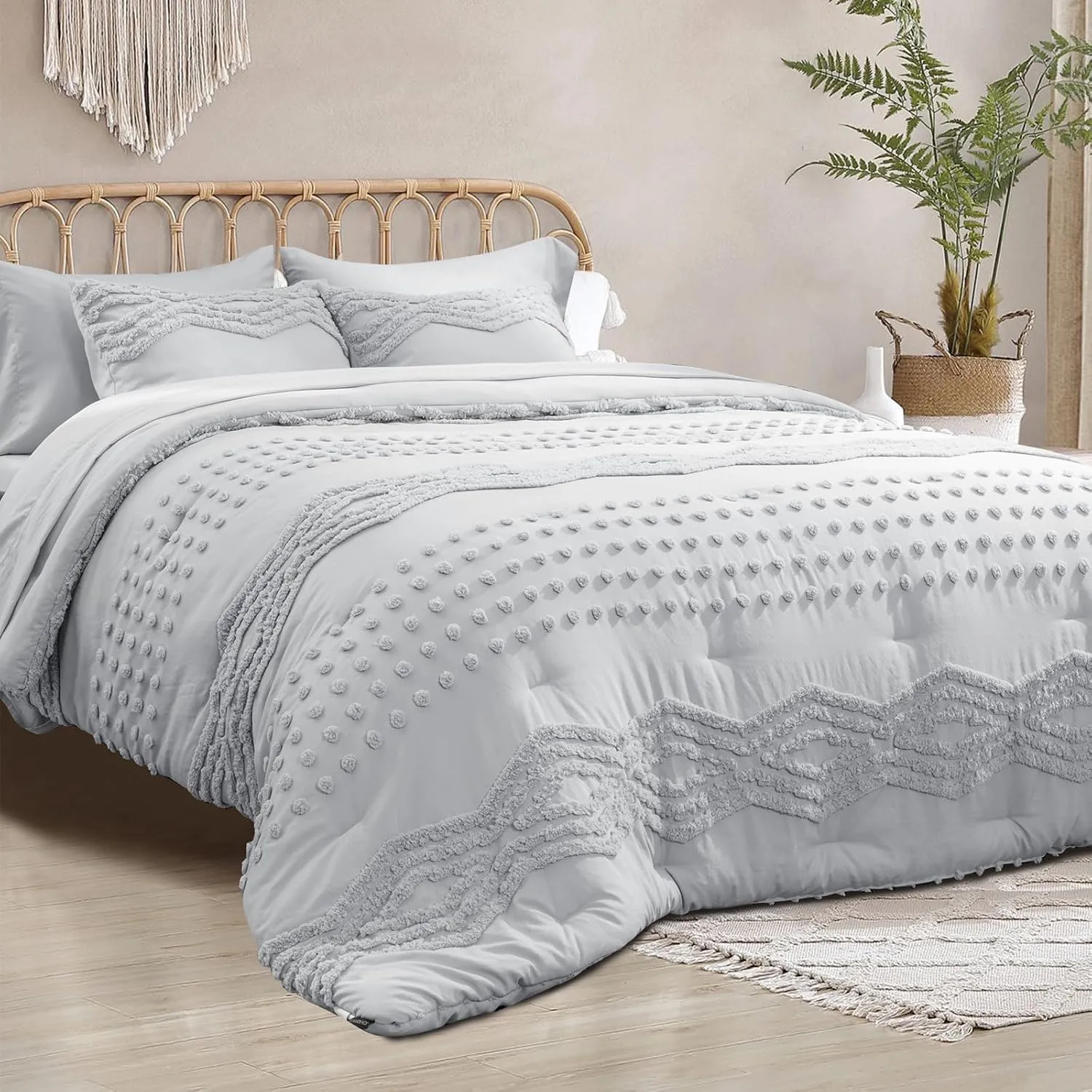 EVERGRACE Queen Size Comforter Set 7 Pieces Bed in a Bag for College Dorm, Light Gray Tufted Shabby Chic Boho Comforter and Sheet Set with Pom Pom Textured, Soft Fluffy Farmhouse Complete Bedding Set