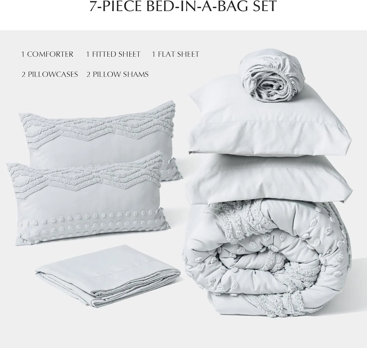 EVERGRACE Queen Size Comforter Set 7 Pieces Bed in a Bag for College Dorm, Light Gray Tufted Shabby Chic Boho Comforter and Sheet Set with Pom Pom Textured, Soft Fluffy Farmhouse Complete Bedding Set