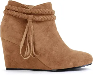 Fashare Womens Wedge Ankle Boots Braided Fringe Strap Western Heeled Winter Booties Dress Shoes,Suede Brown, Size 8