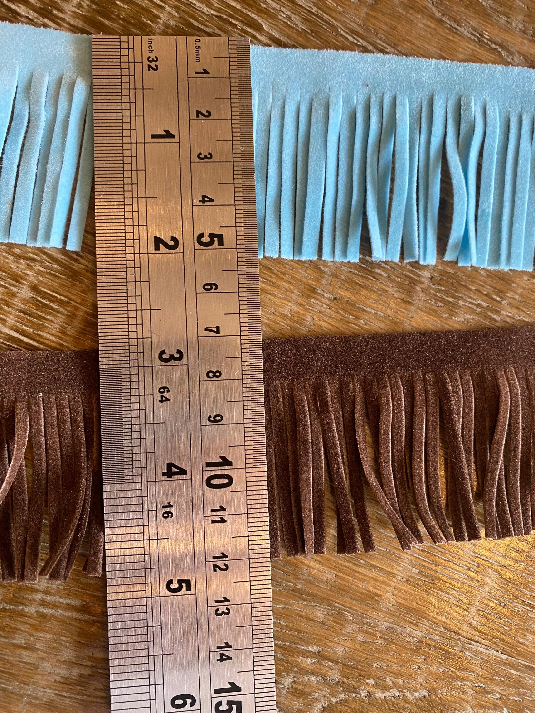 Faux suede fringe, 2” long, 5cm Wide fringe, blue, brown, clothing, tops, shorts, crafts