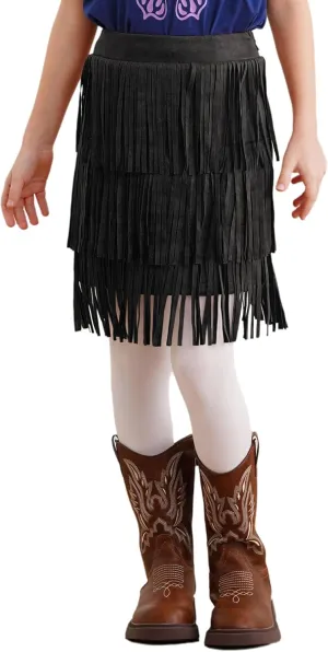FEESHOW Kids Girls Faux Suede Fringe Skirt Boho Tassel Layered Ruffle High Waist Skirts for Dance Cowgirl Dress Up