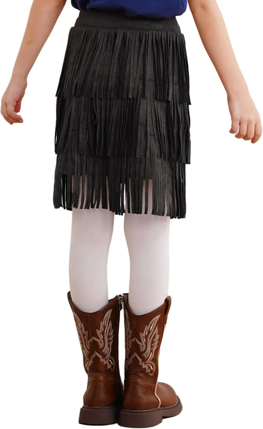 FEESHOW Kids Girls Faux Suede Fringe Skirt Boho Tassel Layered Ruffle High Waist Skirts for Dance Cowgirl Dress Up
