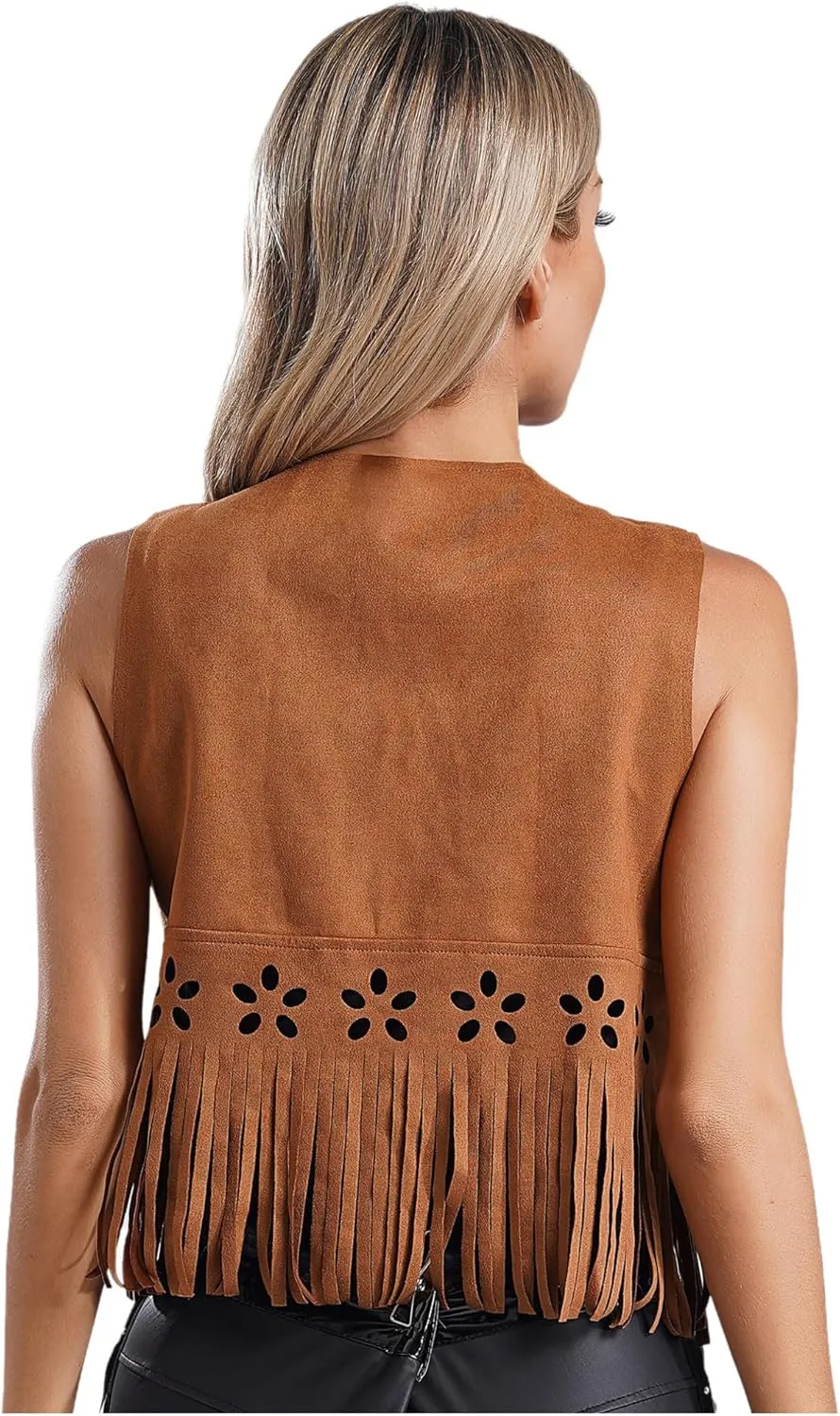 FEESHOW Womens Fringe Vest 70s Hippie Costume Sleeveless Cowgirl Western Faux Suede Tassel Outerwear