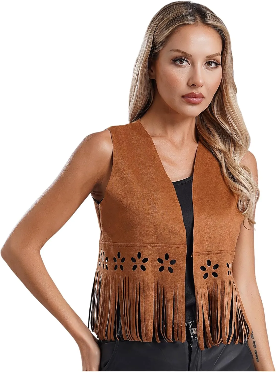 FEESHOW Womens Fringe Vest 70s Hippie Costume Sleeveless Cowgirl Western Faux Suede Tassel Outerwear