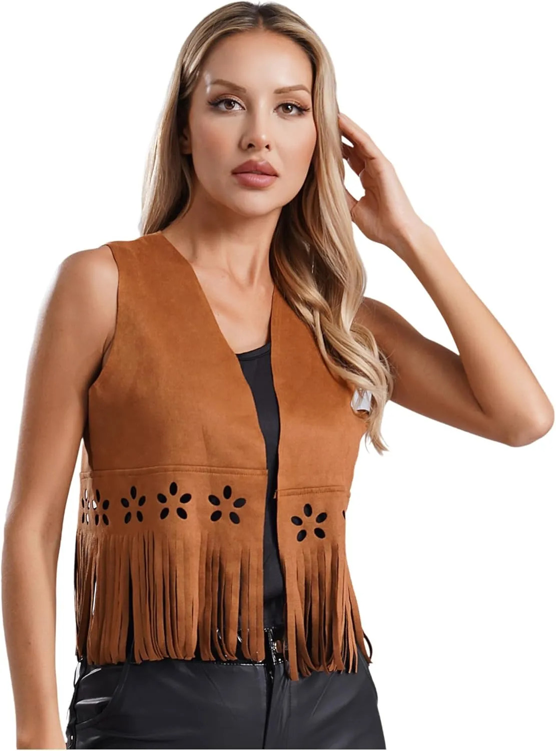 FEESHOW Womens Fringe Vest 70s Hippie Costume Sleeveless Cowgirl Western Faux Suede Tassel Outerwear