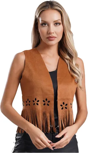 FEESHOW Womens Fringe Vest 70s Hippie Costume Sleeveless Cowgirl Western Faux Suede Tassel Outerwear