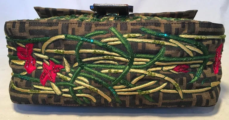 Fendi Floral Embroidered Beaded Monogram Zucca Print Large Baguette