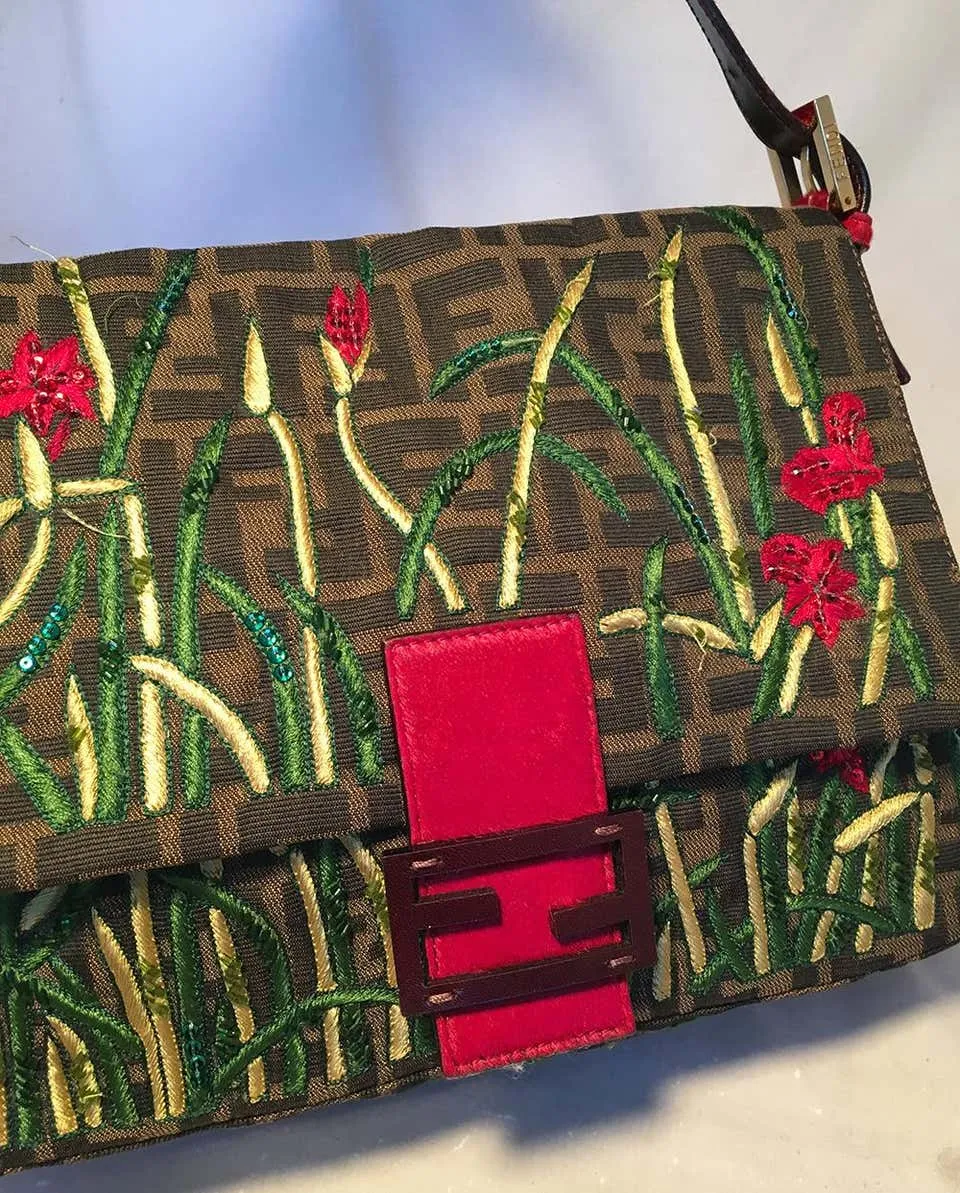 Fendi Floral Embroidered Beaded Monogram Zucca Print Large Baguette