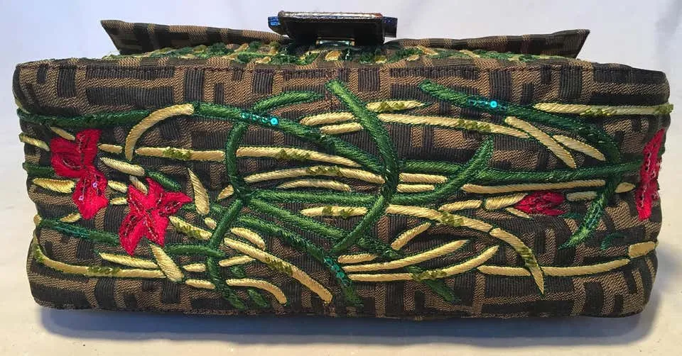 Fendi Floral Embroidered Beaded Monogram Zucca Print Large Baguette