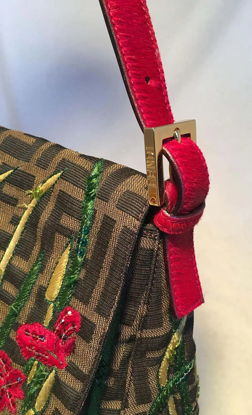 Fendi Floral Embroidered Beaded Monogram Zucca Print Large Baguette