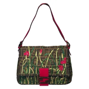 Fendi Floral Embroidered Beaded Monogram Zucca Print Large Baguette