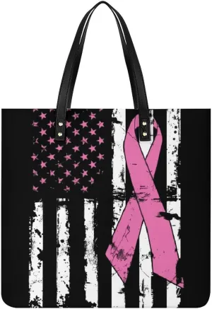 Fight Breast Cancer Awareness USA Flag Novelty Tote Bags for Women Funny Handbags Top Handle Purses Crossbody Shoulder Bag Fashion