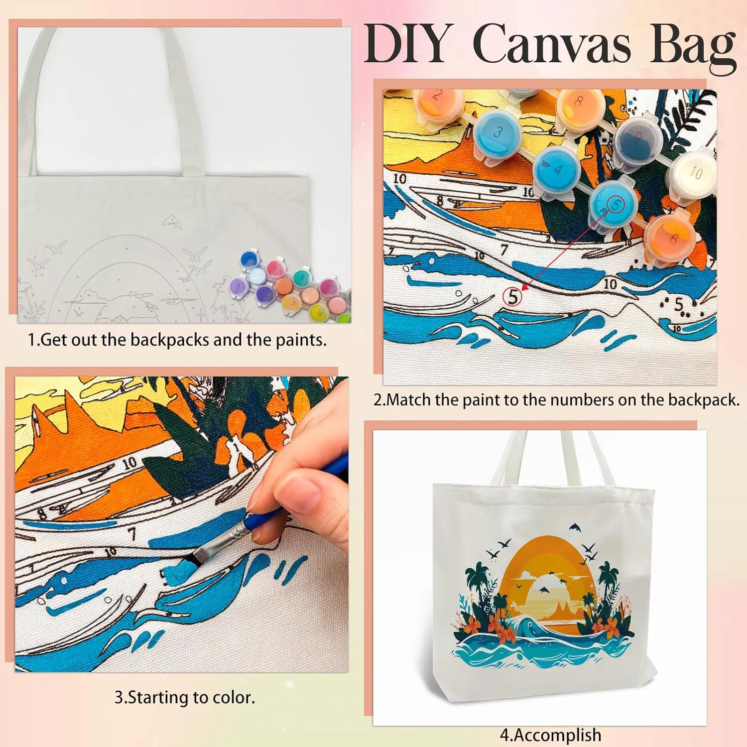 FILASLFT Paint by Numbers Beach Tote Bag, Sunset Paint by Numbers Kit for Adults, Canvas Bag with Small Zipper Pocket 17.71x13.38 Inch