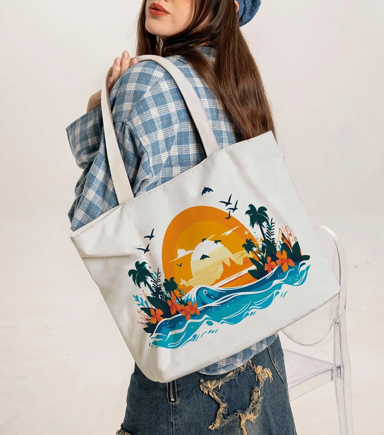 FILASLFT Paint by Numbers Beach Tote Bag, Sunset Paint by Numbers Kit for Adults, Canvas Bag with Small Zipper Pocket 17.71x13.38 Inch