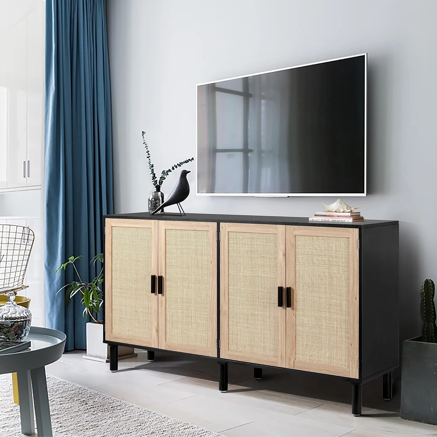 Finnhomy 4 Door Sideboard Buffet Cabinet, Kitchen Storage Cabinet with Rattan Decorated Doors, Cupboard Console Table, Boho Accent Liquor Cabinet, Bar Cabient, 62.3X 15.7X 34.6 Inches, Black