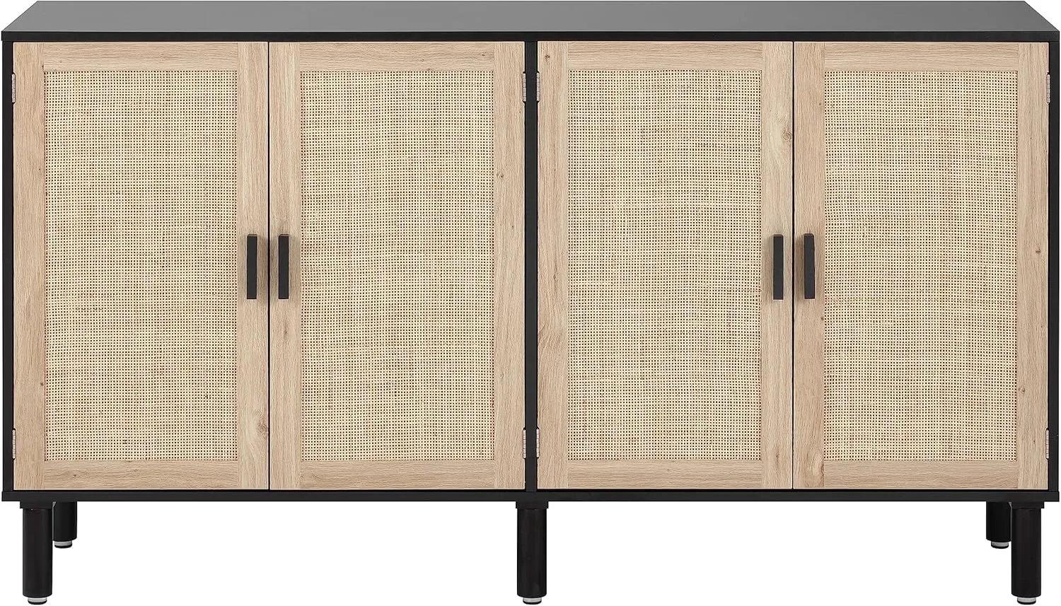 Finnhomy 4 Door Sideboard Buffet Cabinet, Kitchen Storage Cabinet with Rattan Decorated Doors, Cupboard Console Table, Boho Accent Liquor Cabinet, Bar Cabient, 62.3X 15.7X 34.6 Inches, Black