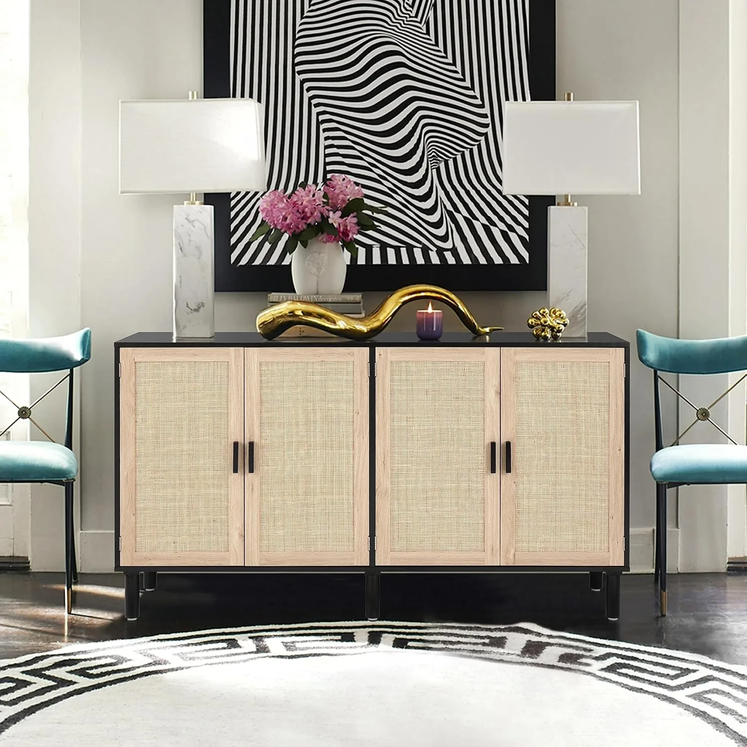 Finnhomy 4 Door Sideboard Buffet Cabinet, Kitchen Storage Cabinet with Rattan Decorated Doors, Cupboard Console Table, Boho Accent Liquor Cabinet, Bar Cabient, 62.3X 15.7X 34.6 Inches, Black