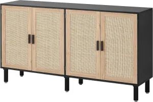 Finnhomy 4 Door Sideboard Buffet Cabinet, Kitchen Storage Cabinet with Rattan Decorated Doors, Cupboard Console Table, Boho Accent Liquor Cabinet, Bar Cabient, 62.3X 15.7X 34.6 Inches, Black