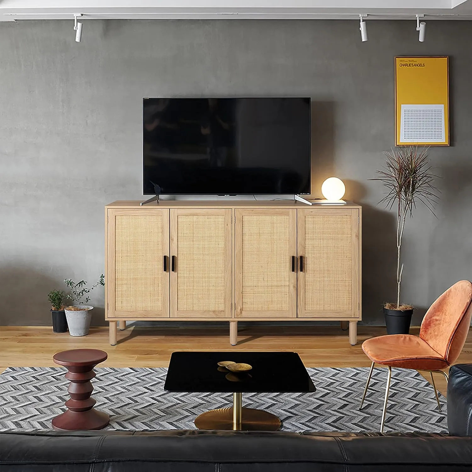 Finnhomy 4 Door Sideboard Buffet Cabinet, Kitchen Storage Cabinet with Rattan Decorated Doors, Cupboard Console Table, Boho Accent Liquor Cabinet for Home Bar, 62.3X 15.7X 34.6 Inches, Natural
