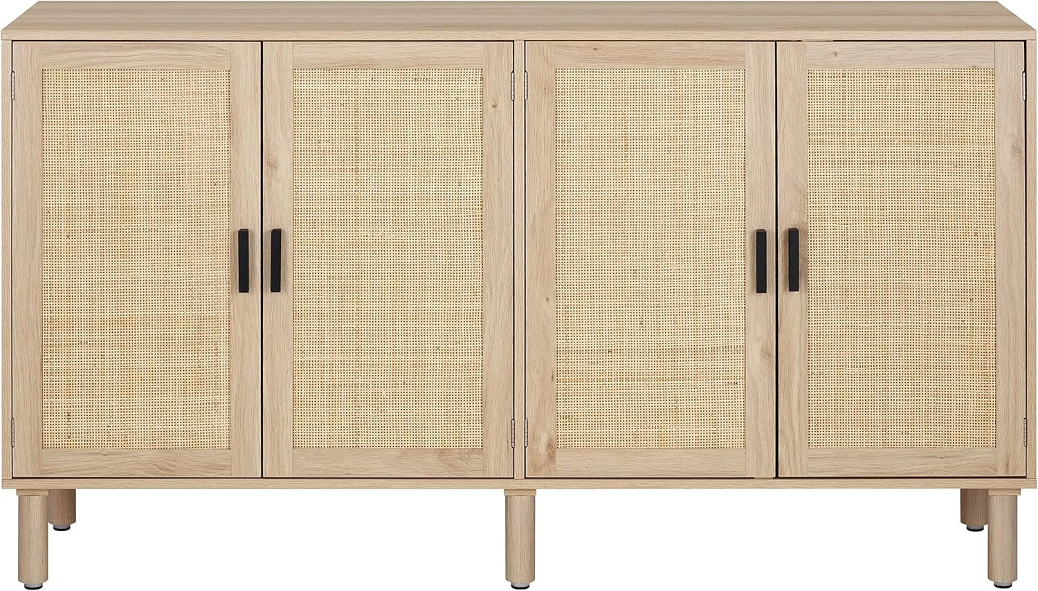 Finnhomy 4 Door Sideboard Buffet Cabinet, Kitchen Storage Cabinet with Rattan Decorated Doors, Cupboard Console Table, Boho Accent Liquor Cabinet for Home Bar, 62.3X 15.7X 34.6 Inches, Natural