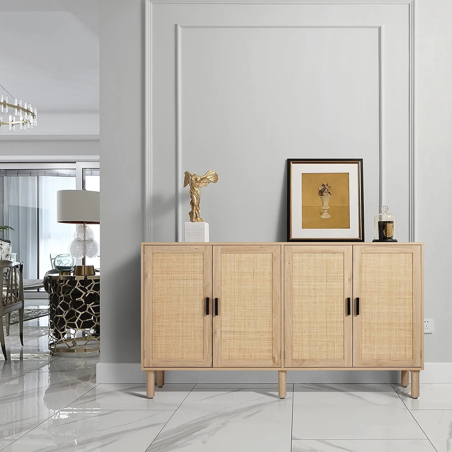 Finnhomy 4 Door Sideboard Buffet Cabinet, Kitchen Storage Cabinet with Rattan Decorated Doors, Cupboard Console Table, Boho Accent Liquor Cabinet for Home Bar, 62.3X 15.7X 34.6 Inches, Natural