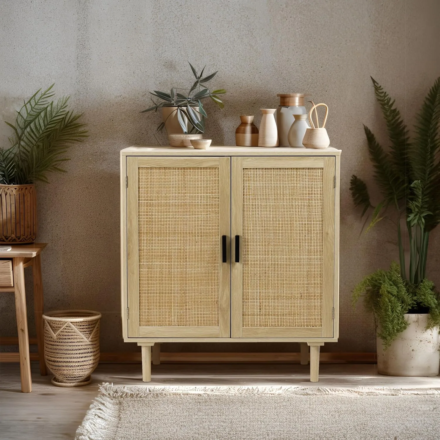 Finnhomy Sideboard Buffet Cabinet, Kitchen Storage Sideboard with Rattan Decorated Doors, Liquor Coffee Buffet, Dining Room, Hallway, Console Table, Accent Cabinet, 31.5X 15.8X 34.6 Inches, Natural